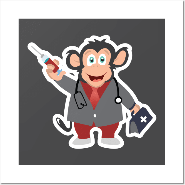 Monkey Doctor Mascot Sticker logo design. Health and care icon concept. Monkey doctor with injection sticker vector design. Wall Art by AlviStudio